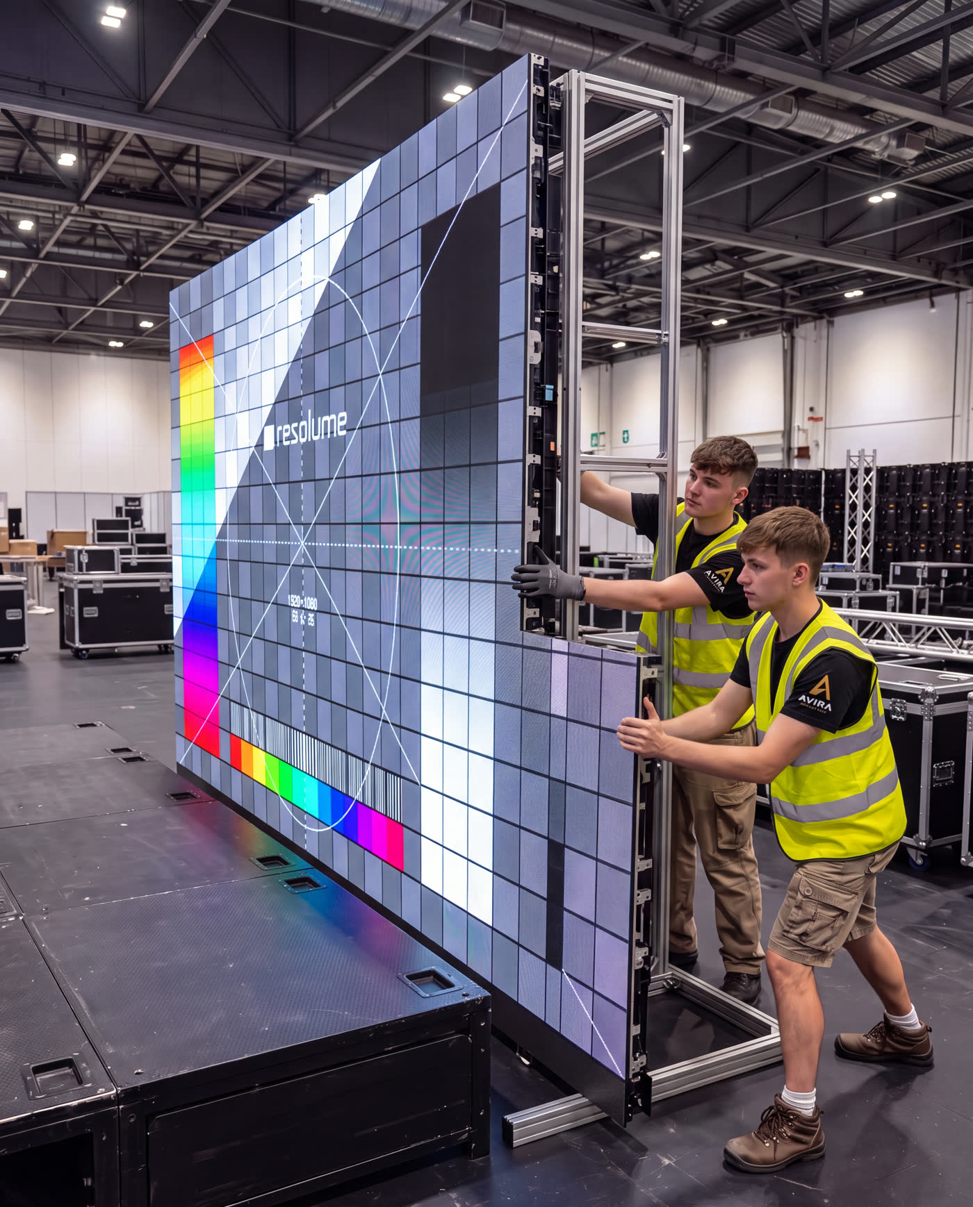 Avira crew fitting LED panels to a booth wall during show move-in